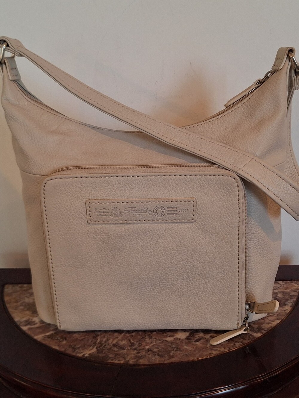 Fossil Cream Leather Shoulder Hobo with Front Zip Pocket